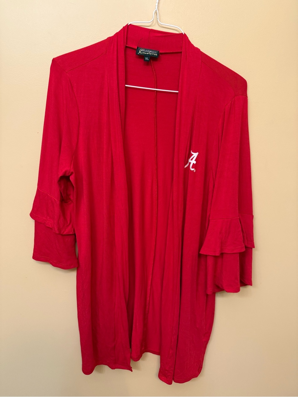 Women's Open-Front Ruffle Sleeve Cardigan in Crimson Red